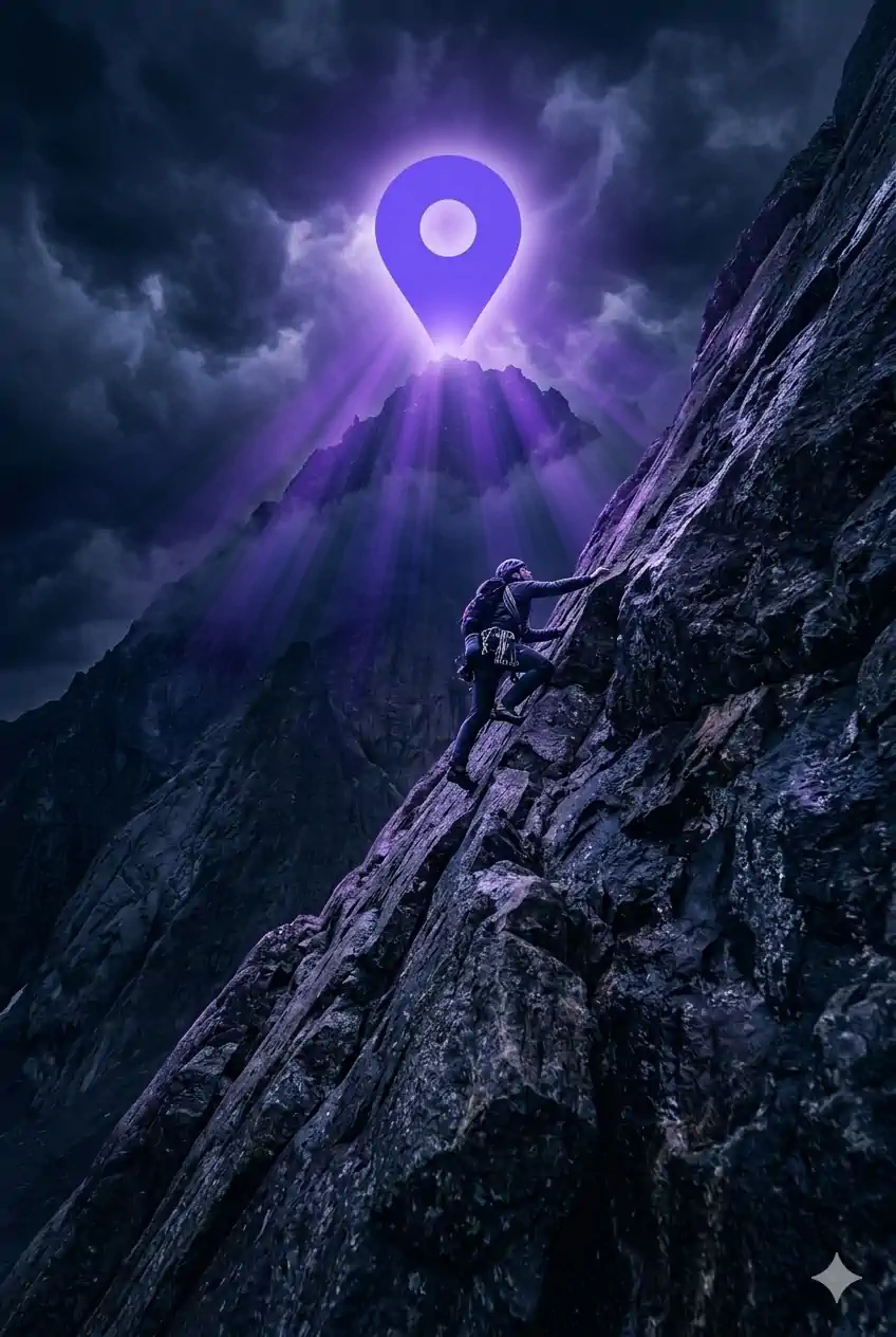 A climber reaching a #1 Google Maps pin at the mountain peak — representing Emphasize Labs' track record of ranking law firms in Malaysia